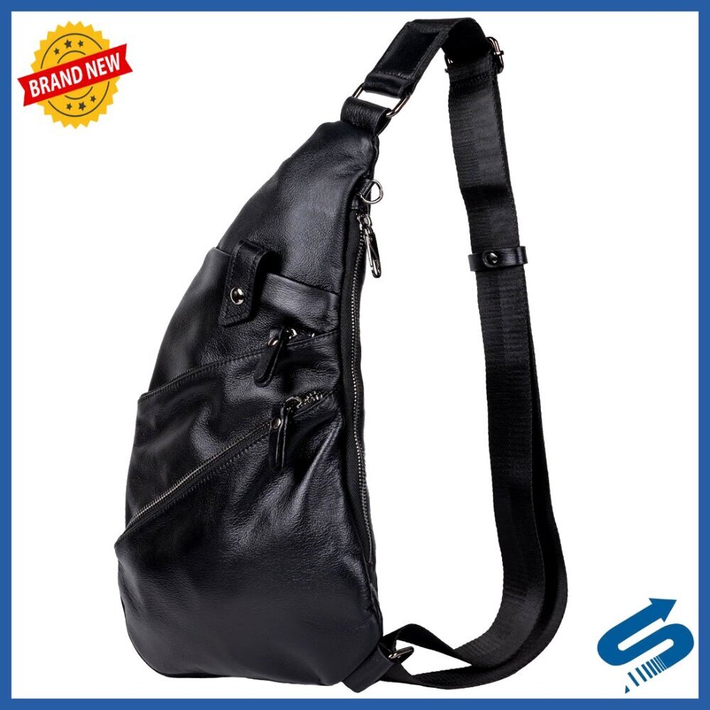 Leather Sling Bag Crossbody Backpack for Men, Black
